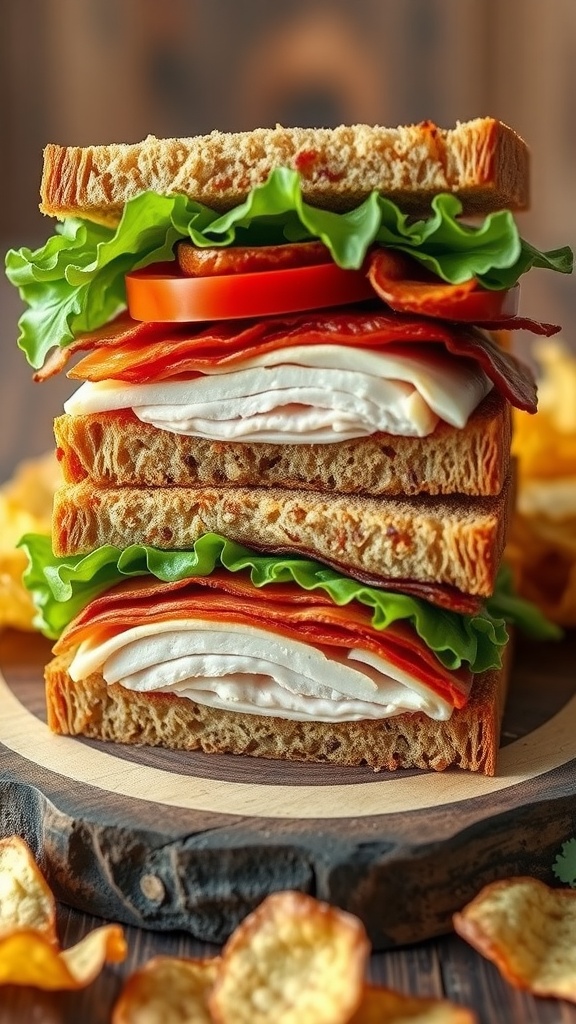A classic sandwich with turkey, bacon, lettuce, and tomato on toasted bread, served with chips.